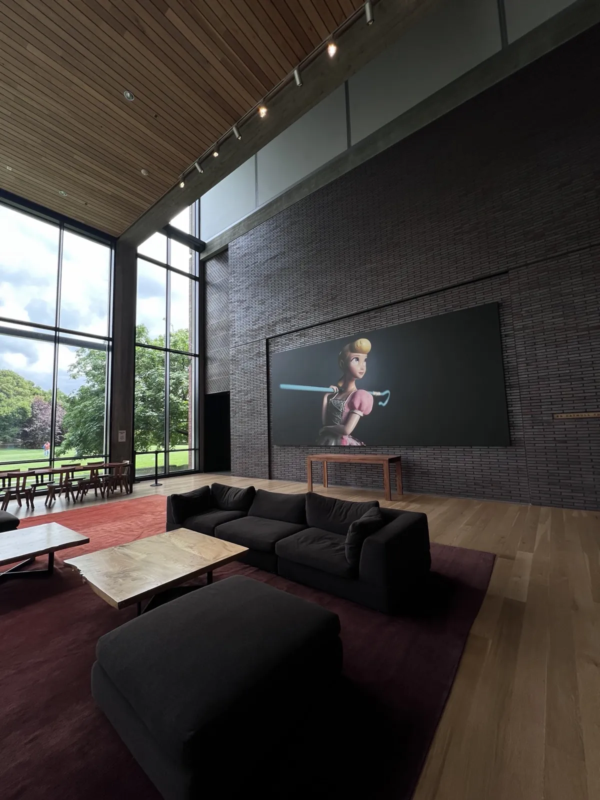 Inside the Steve Jobs Building atrium with a Bo Peep mural