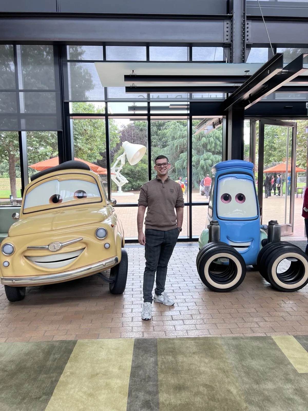 Cars characters Mater and Sally on the Pixar campus